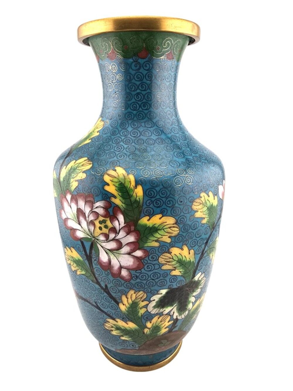 Vintage Cloisonné Vase With Floral Motif Blue & Gold 8.5" Tall Chinese